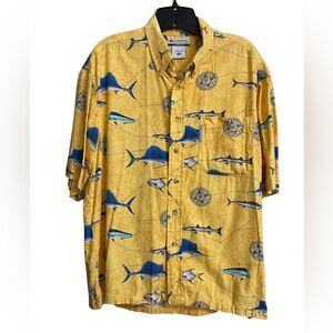 Columbia Fish Print Button Down Shirt Men's Size M Yellow Nautical Outdoor Beach